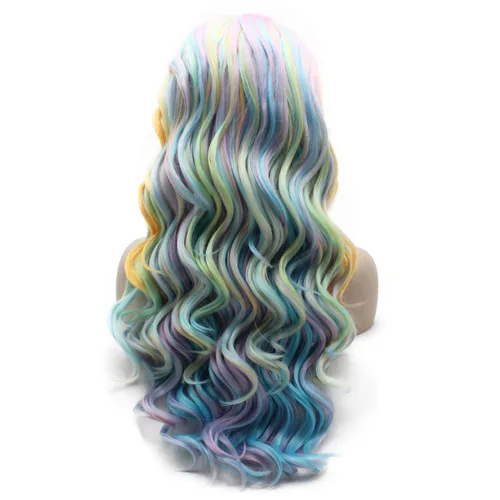 Miniatura 6 de Mxangel - Peluca de cabello sintético largo ondulado azul cielo amarillo colorido encaje frontal fibra resistente al calor Cosplay
