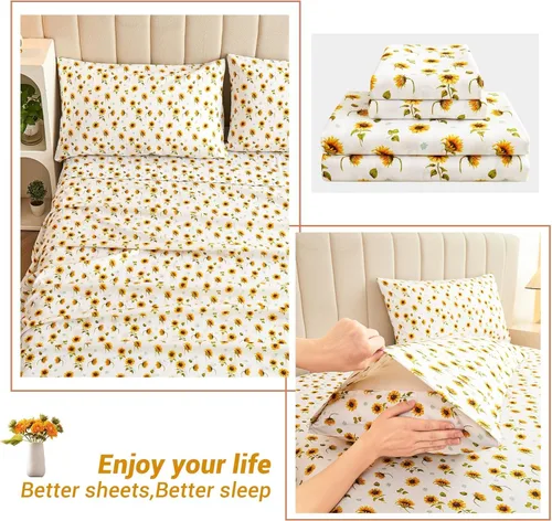 Miniatura 7 de Softan Juego de sábanas tamaño matrimonial, con estampado de girasol, sábana bajera ajustable de microfibra cepillada con bolsillo profundo de 15