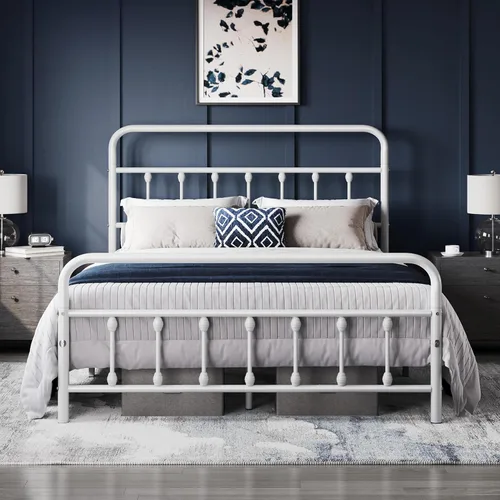 Miniatura 16 de Yaheetech Base de cama clásica de metal con base de colchón con estilo victoriano, cabecera, estribo, almacenamiento debajo de la cama, no necesita