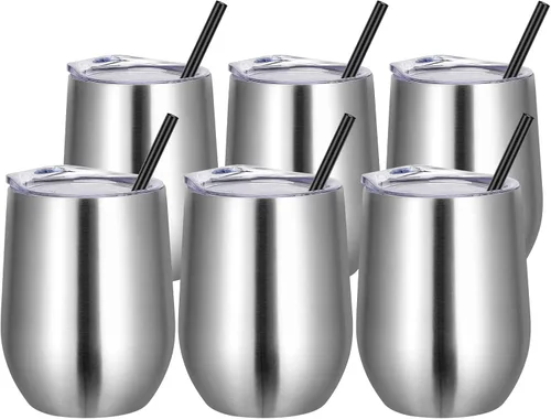 Miniatura 13 de VEGOND - Vaso de vino de acero inoxidable de 12 onzas con tapa y popote, vaso de vidrio de vino aislado de doble pared sin tallo, taza de café