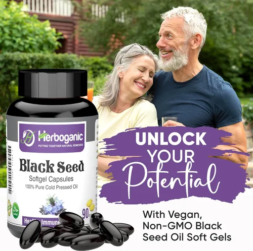 Miniatura 9 de HERBOGANIC Cápsulas blandas de aceite negro prensado en frío, 90 unidades, mezcladas con otros productos herbarios, apoya la salud general