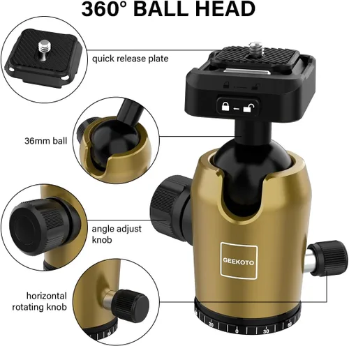 Miniatura 6 de Geekoto Trípode para Cámara de 73 Pulgadas - Trípode Ligero para DSLR con Cabezal Esférico de 360° y Placa de Liberación Rápida, Soporta hasta 33.07