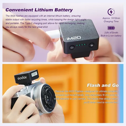 Miniatura 4 de Godox iM20 Mini flash para cámara con batería de 470 mAh 440 flash de potencia completa 5 niveles Mini flash Speedlite para Sony zve10 Sony zv1