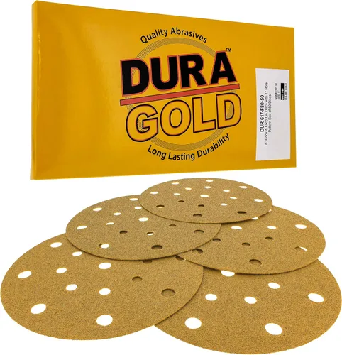 Dura-Gold Discos de lijado dorados de 6 pulgadas de alta calidad, grano 80 (caja de 50), papel de lija de gancho y bucle sin polvo con patrón de 17