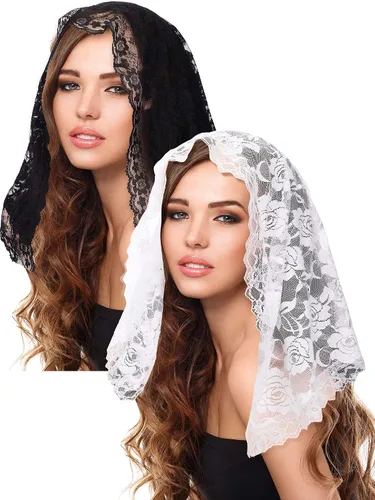 Boao 2 Pieces Floral Lace Veils for Women Head Covering Latin Mass Mantilla Veils Short Scarf for Bridal