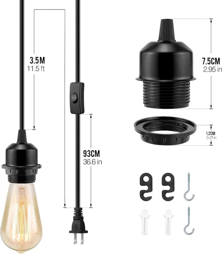 Miniatura 7 de Kit de 3 Luces Colgantes con Enchufe, E26/E27 Luces Colgantes Vintage con Cable de Enchufe, Kit de Luz Colgante Retro, Cable de 12 Pies