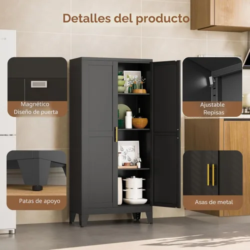 Miniatura 3 de PAOFIN Armario de almacenamiento de despensa de cocina de metal con 2 puertas y 3 estantes ajustables, armario de despensa con pie de nivelación