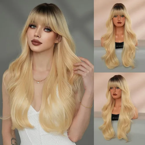 Miniatura 7 de 7JHH WIGS Pelucas de 24 pulgadas de largo, ondulado, color castaño oscuro, rubio, con raíces oscuras, rizado, afro, grande, flexible, esponjoso