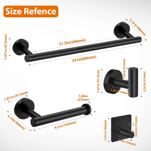 Miniatura 6 de Tudoccy Juego de 5 piezas de accesorios de baño de acero inoxidable SUS304 redondo montado en la pared, incluye barra de toalla de mano de 24 Negro