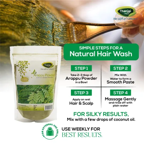 Miniatura 4 de Thanjai Natural Arappu Polvo 8.82 oz Bolsa 100% Natural Albizia Amara Arappu Polvo Tradicional Lavado de Cabello y Acondicionador de Cabello