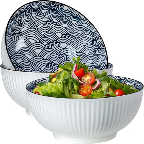 Miniatura 12 de QINLANG Juego de 3 cuencos grandes de sopa Pho & Ramen, 60 onzas, cuencos grandes de porcelana azul y blanca, patrón a rayas