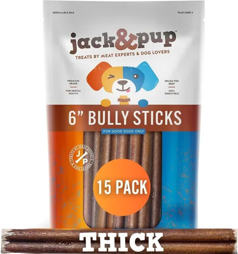 Miniatura 13 de Jack&Pup Bully Sticks Jumbo de 6 pulgadas para perros (paquete de 12) Palitos de perro de un solo ingrediente para perros grandes y masticadores