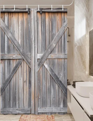 Miniatura 38 de Cortina de ducha de puerta de granero de madera rústica, 60 x 70 pulgadas, beige