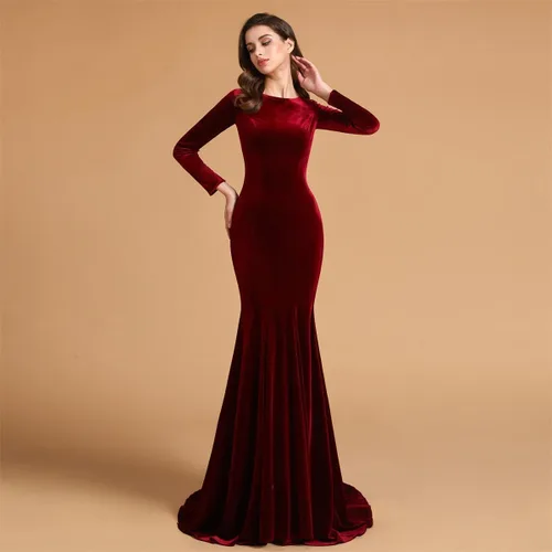 Miniatura 2 de Joya Cuello Terciopelo Manga Larga Vestidos de baile de Noche Vestidos de Fiesta de Tren Corte de Sirena Vestidos de Fiesta Formal Cremallera Atrás