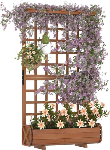 Miniatura 9 de GarveeLife Paquete de 2 macetas altas de madera con enrejado, cama de jardín elevada de 61.5 pulgadas de alto sobre ruedas, maceta vertical