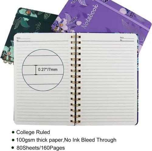 Miniatura 3 de Paquete de 3 cuadernos de bolsillo de tapa dura en espiral para mujeres, cuadernos universitarios a rayas A5 con bolsillo, 8.5" x 5.7", 160 páginas