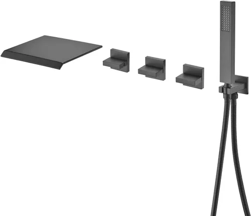 Grifo de Montaje en Pared para Bañera con Cascada y Relleno, con Ducha de Mano de Alto Flujo, Negro Mate, SUMERAIN