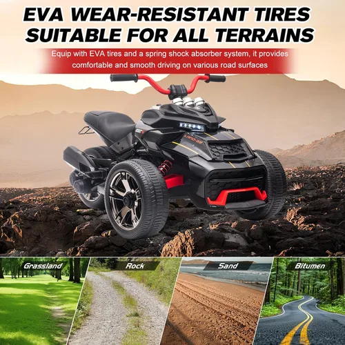 Miniatura 5 de Motocicleta eléctrica para niños de 12 V, rueda eléctrica de 3 ruedas, con luces LED, neumáticos EVA, velocidad alta y baja, bocina, música, negro