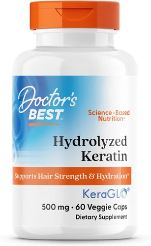 Doctor's Best Suplemento de queratina hidrolizada para mujeres y hombres, queratina de 500 mg para apoyo a la salud del cabello, ayuda a proteger el
