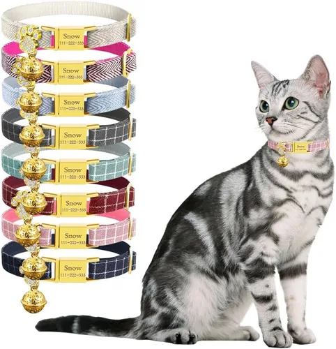 Miniatura 15 de Collar de gato personalizado con placa de nombre, collares ajustables de nailon resistente para identificación de gato con campana, personaliza