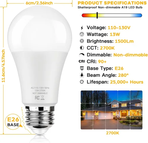 Miniatura 4 de Bombillas LED equivalentes a 100 W, 1500 lúmenes, A19 13 W 2700 K, blanco cálido, no regulable, superbrillante, sin parpadeo, bombillas de rosca
