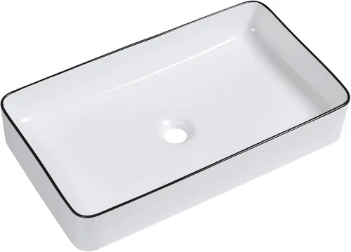 Lordear Lavabo Rectangular de Baño Tipo Vasija 24X14 Pulgadas Lavabos de Baño Blancos de 24 Pulgadas con Borde Negro Lavabo de Cerámica Sobre