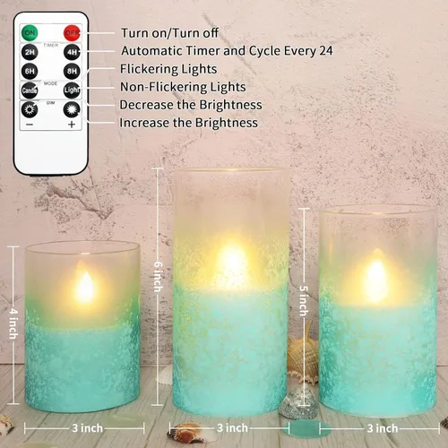 Miniatura 3 de Velas azules sin llama con control remoto de vidrio aguamarina hechas a mano, velas de chorro de arena que funcionan con pilas, velas LED