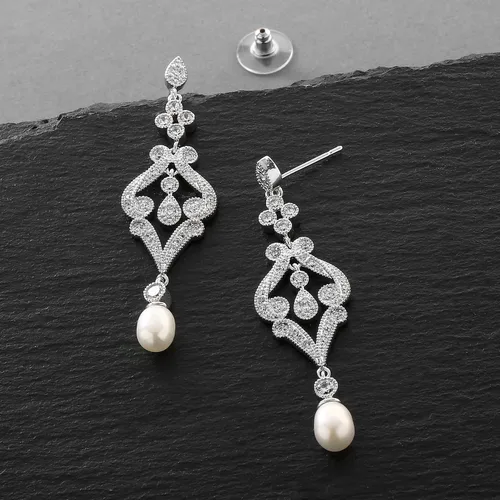 Miniatura 6 de Mariell pendientes nupciales clásicos de cubic circonia con gotas de perlas de agua dulce genuinas