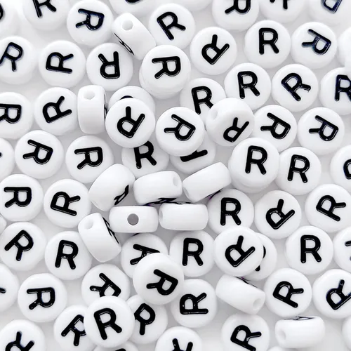 100 cuentas de letras acrílicas del alfabeto para hacer joyas, cuentas redondas blancas de la letra R para hacer pulseras, collares, llaveros, 0Flat