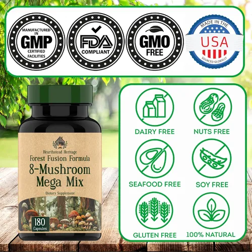 Miniatura 5 de Complejo de hongos 8 – 180 cápsulas – Melena de león, Reishi, Chaga, Cordyceps y cola de pavo – Suplemento natural de apoyo inmunológico, enfoque