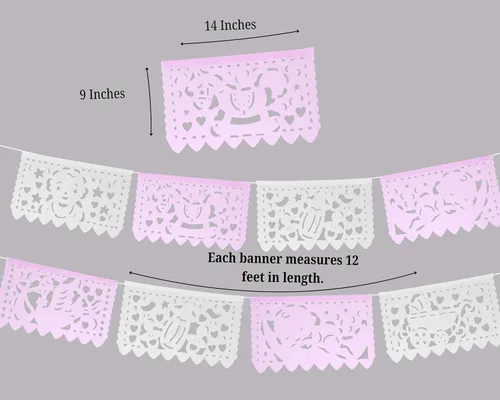 Miniatura 2 de Pancartas de fiesta de baby shower de niña rosa/blanca – Decoraciones de baby shower rosa Fiesta Papel Picado, guirnaldas de papel con serpentinas