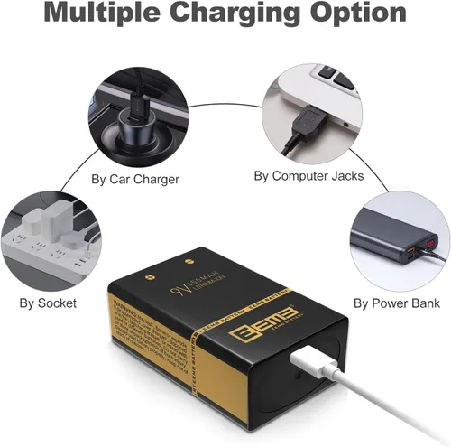 Miniatura 2 de EEMB Paquete de 4 baterías recargables de 9 V de iones de litio con cable de carga USB, batería de iones de litio 6F22 para alarma de humo, teclado
