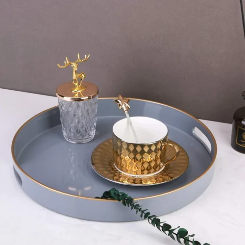 Miniatura 9 de Bandeja decorativa redonda, bandeja de plástico con asas, bandeja moderna de tocador y bandeja de servir para otomano, mesa de café, cocina y baño