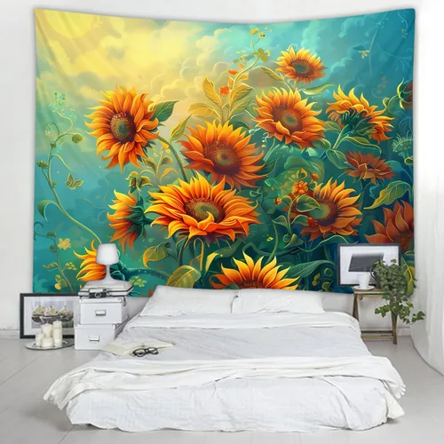 Miniatura 13 de WODEJIAFANG Tapiz estético de tela para pared, tapiz decorativo de girasol, fondo de oficina, divisor de habitación para dormitorio, jardín al aire