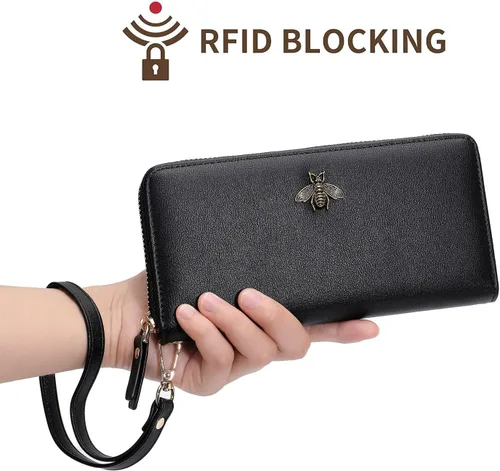 Miniatura 3 de Billetera para mujer con bloqueo RFID para mujer, carteras largas con correa de muñeca para mujer