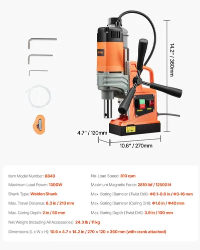 Miniatura 7 de VEVOR Prensa de Taladro Magnético, 1300W 3.99 cm de Diámetro de Taladro, Taladro Magnético Portátil de 2922 lbf de Potencia, 810 RPM, Máquina