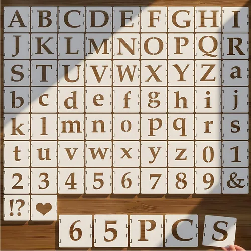 Plantillas de letras para pintura, 65 plantillas de alfabeto reutilizables para manualidades, plantillas de dibujo de plástico PET entrelazadas para