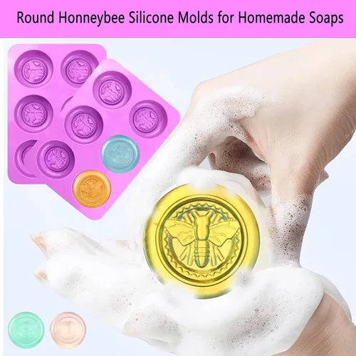 Miniatura 5 de Moldes de silicona de abeja, 2 moldes redondos de silicona con forma de colmena, 6 cavidades para hacer jabón casero, gelatina de bricolaje, bomba