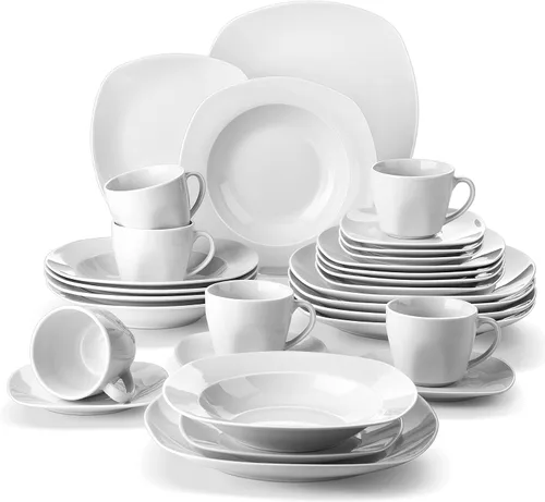 MALACASA ELISA - Juego de vajilla de porcelana de 30 piezas, color gris y blanco, para 6 personas, platos cuadrados de cerámica, resistentes a