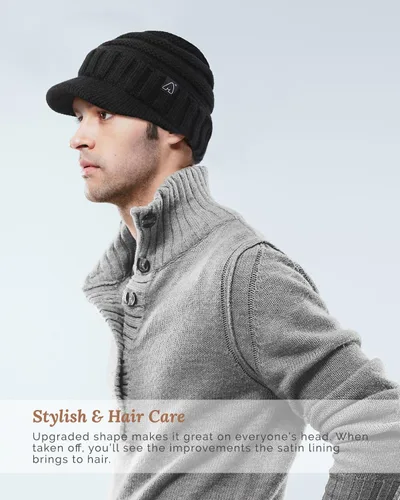Miniatura 6 de Hat Hut Gorros de invierno para mujeres y hombres, con forro de satén, gorro de invierno para mujer, gorro con visera de ala