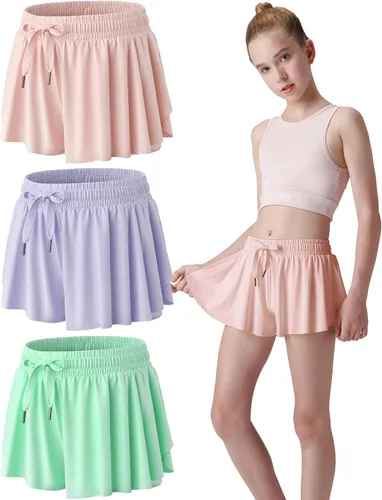 Miniatura 23 de Paquete de 3 pantalones cortos fluidos para niñas con forro de elastano, 2 en 1, faldas de mariposa para jóvenes, para fitness, correr, deportes