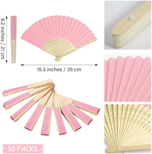 Miniatura 2 de Abanicos de papel de 50 abanicos de papel de mano de bambú plegable ventilador de mano ventilador de papel plegable de papel para boda fiesta y Rosa