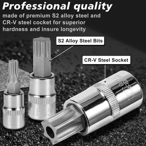 Miniatura 4 de AOBEN Juego de 64 llaves de vaso Torx Master y juego de llaves Torx externas, 1/4, 3/8, 1/2 pulgadas (E4-E24, T6-T70, TT6-TT70, TP8-TP60), acero S2