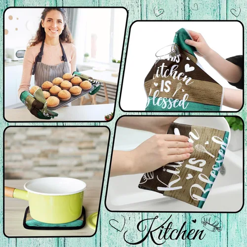 Miniatura 4 de Fourluoo Juego de 10 piezas de decoración y accesorios de cocina de granja, 4 toallas de cocina, 2 soportes para ollas, 2 guantes de horno, 2 Verde
