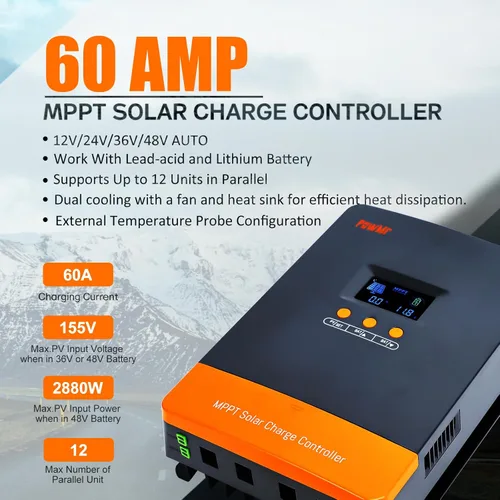 Miniatura 2 de Regulador solar PowMr de 60 A MPPT, controlador de carga de batería de 60 amperios para baterías de litio LiFePO4 y de plomo-ácido de 12 V/24 V/36