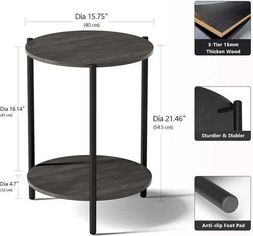 Miniatura 3 de Mesa auxiliar redonda, mesas auxiliares circulares de 2 niveles con almacenamiento de madera rústica de 15.75 pulgadas, mesas auxiliares pequeñas