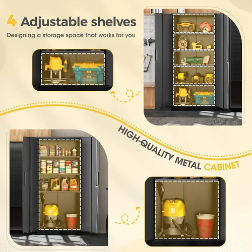 Miniatura 8 de Greenvelly Armario de almacenamiento de metal de 72 pulgadas de alto con 2 puertas y 4 estantes ajustables, gabinete de metal negro con cerradura