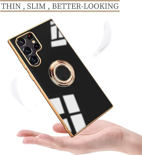 Miniatura 2 de Funda compatible con Samsung Galaxy S22 Ultra con soporte de anillo atril [con magnético] TPU suave a prueba de golpes electrochapado funda Negro