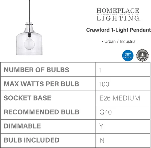 Miniatura 3 de HomePlace Lighting 325712MB Crawford - Lámpara colgante con tarro de vidrio transparente industrial/urbano, 1 luz de 100 vatios, 15 pulgadas de alto