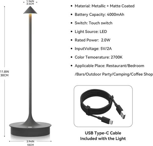 Miniatura 5 de Lámpara de mesa inalámbrica pequeña, recargable, funciona con pilas, lámpara táctil LED de 4000 mAh, regulable, portátil, impermeable